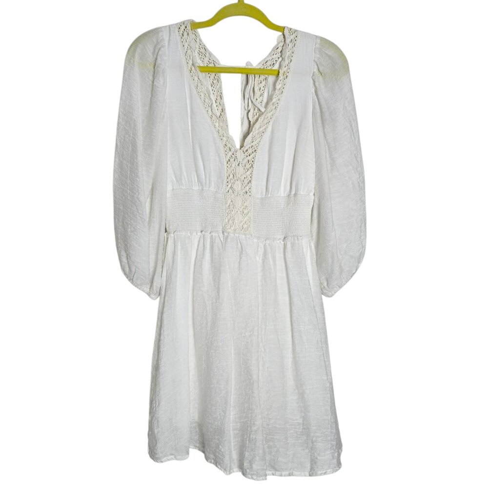 Entro White Boho Dress w. Off White Lace Accent & Balloon Sleeve Size Small